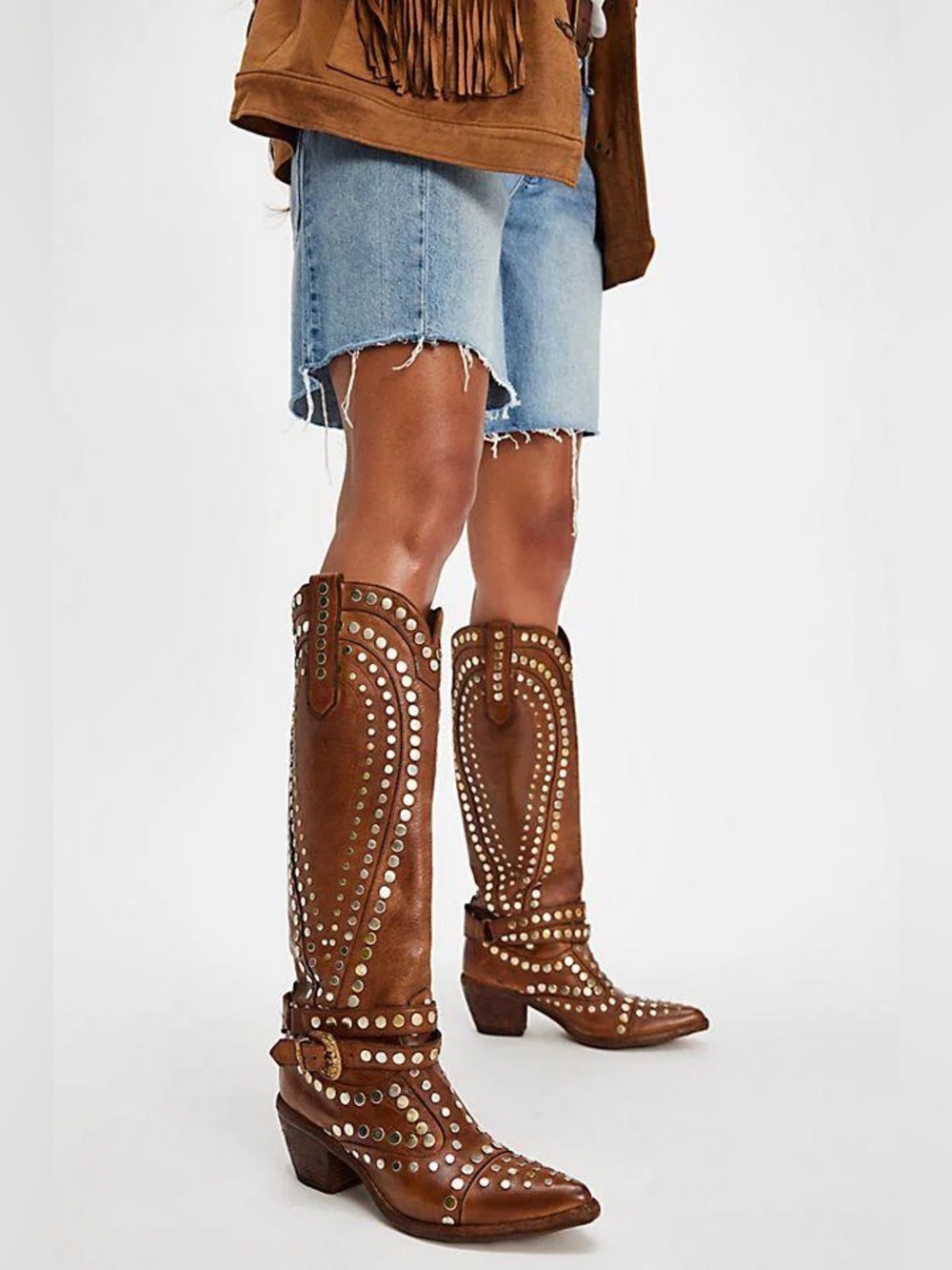 Free People El Vaquero Siren Studded Western Boots Brown Size 10‎